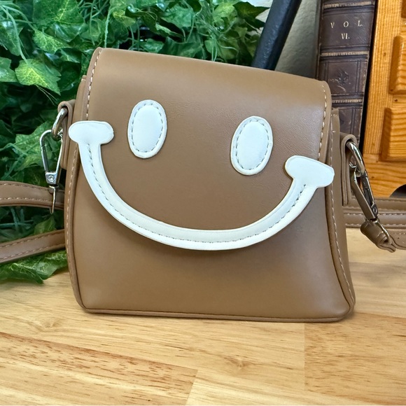 Boutique Handbags - Smiley Face Mini Crossbody Bag Tan Faux Leather Cute Novelty Purse